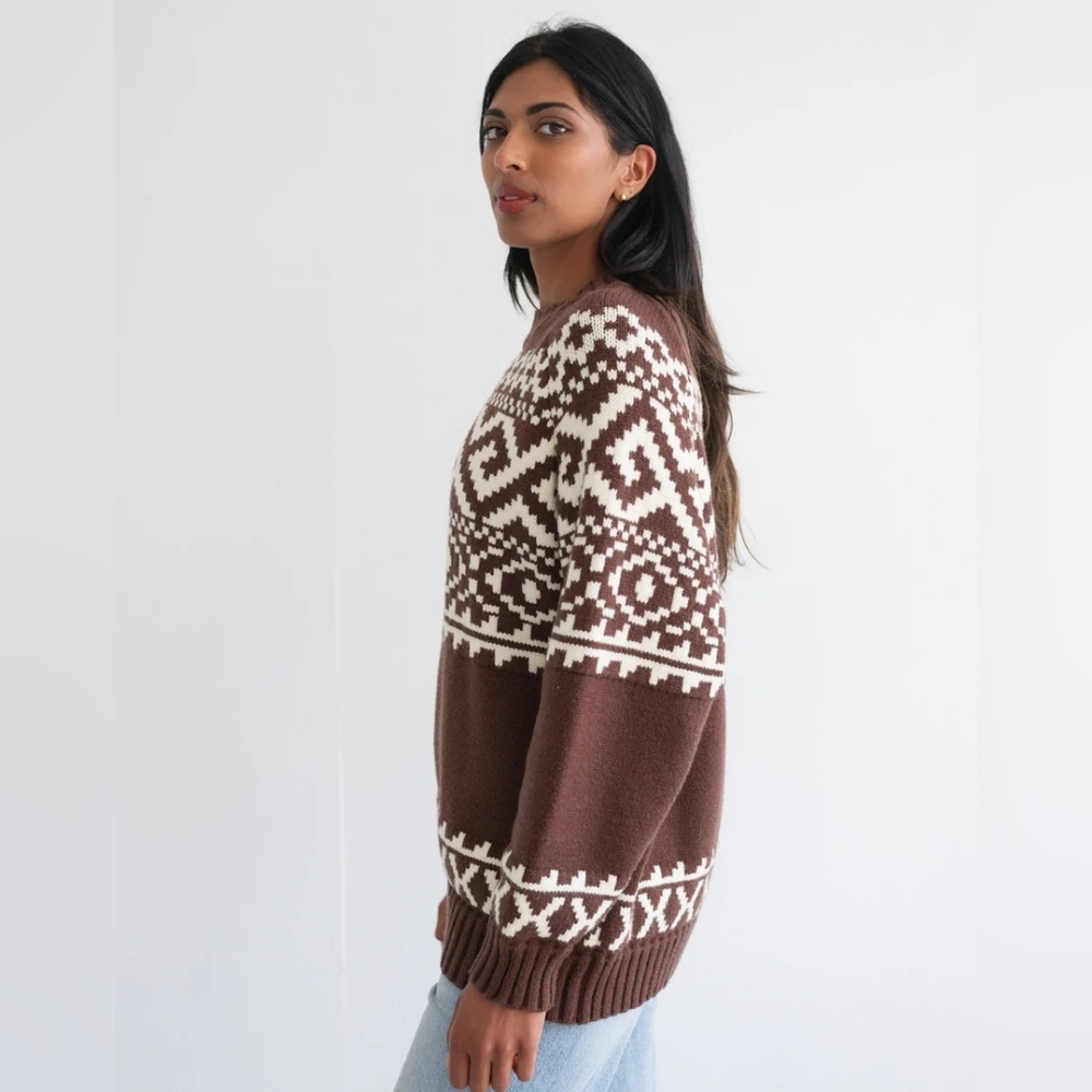 NWOT Brunette The Label Chestnut Brown Fair Isle Sweater S/M - Picture 3 of 7
